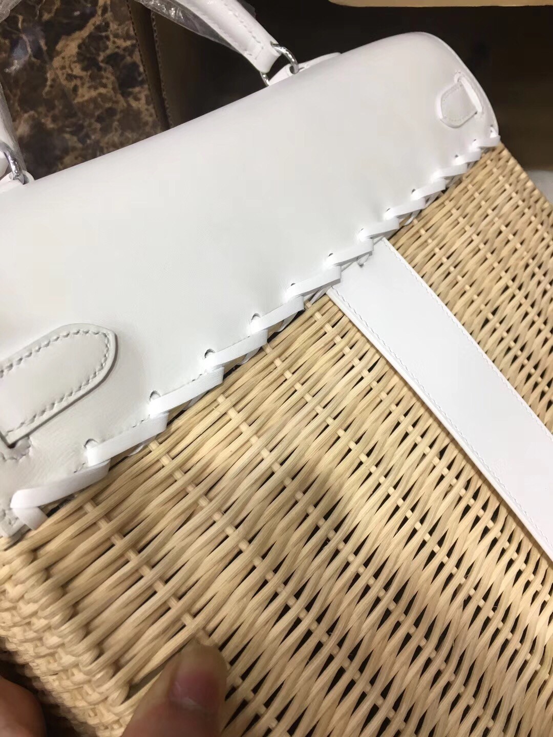 Hermes White Picnic Kelly 35cm Wicker Bag