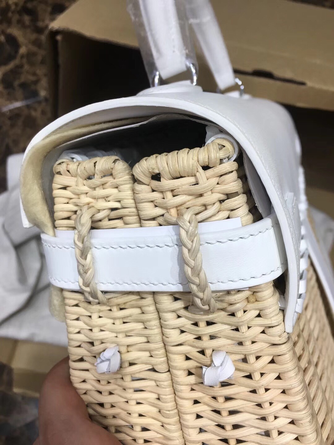 Hermes White Picnic Kelly 35cm Wicker Bag