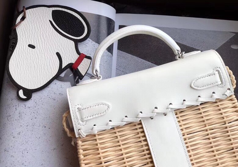 Hermes White Picnic Kelly Mini 20cm Wicker Bag