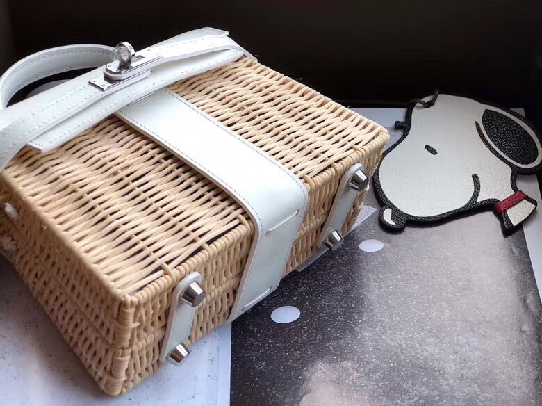 Hermes White Picnic Kelly Mini 20cm Wicker Bag