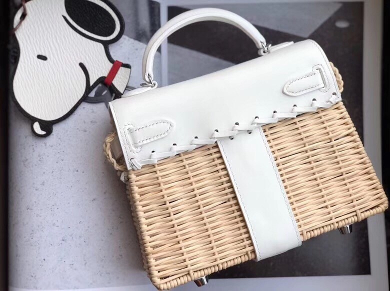 Hermes White Picnic Kelly Mini 20cm Wicker Bag