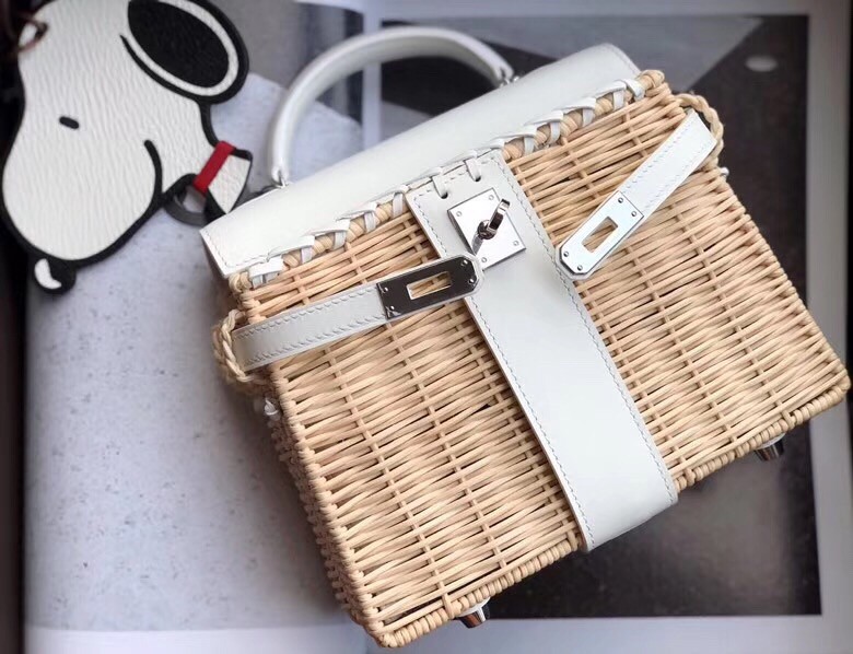 Hermes White Picnic Kelly Mini 20cm Wicker Bag