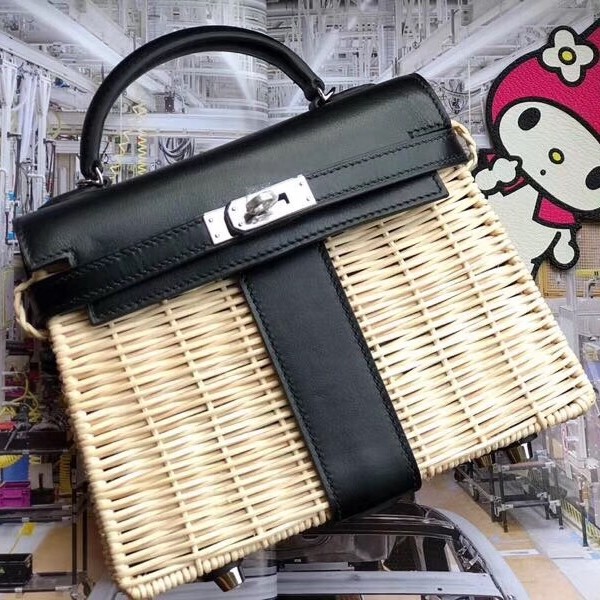 Hermes Black Picnic Kelly Mini 20cm Wicker Bag