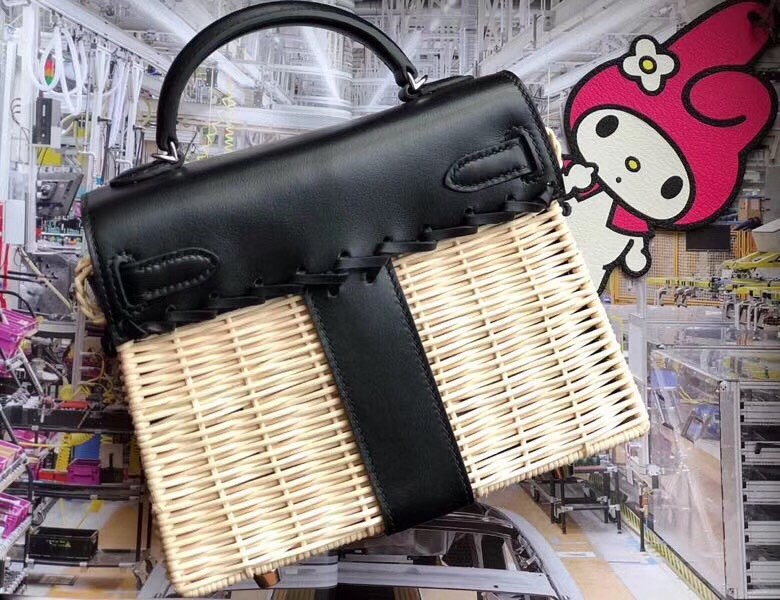 Hermes Black Picnic Kelly Mini 20cm Wicker Bag