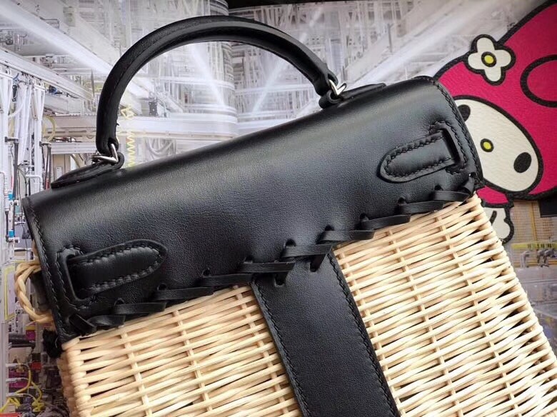 Hermes Black Picnic Kelly Mini 20cm Wicker Bag