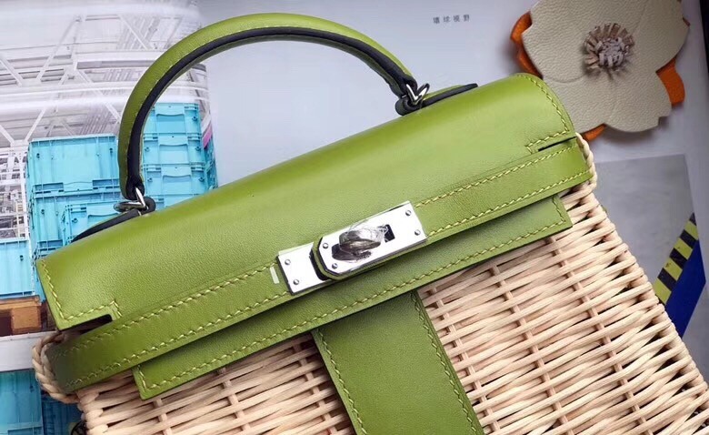 Hermes Green Picnic Kelly Mini 20cm Wicker Bag