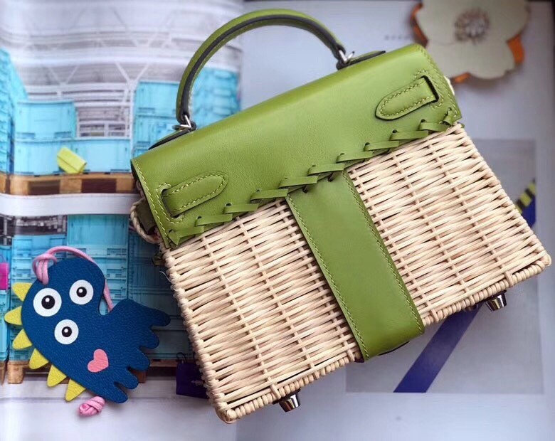 Hermes Green Picnic Kelly Mini 20cm Wicker Bag