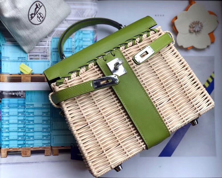 Hermes Green Picnic Kelly Mini 20cm Wicker Bag