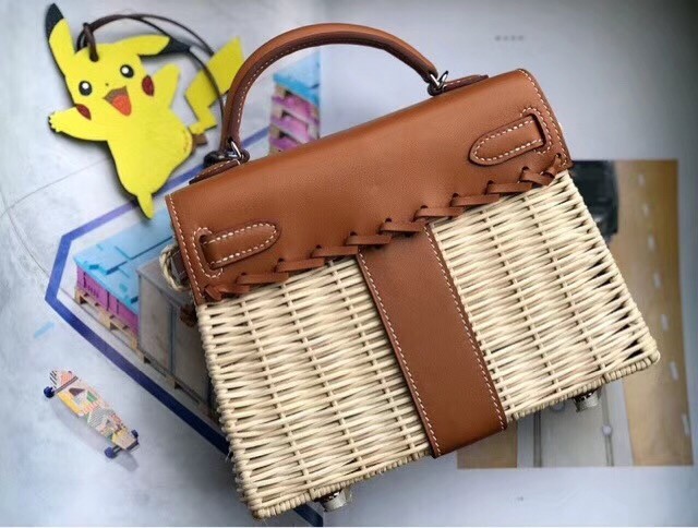 Hermes Brown Picnic Kelly Mini 20cm Wicker Bag