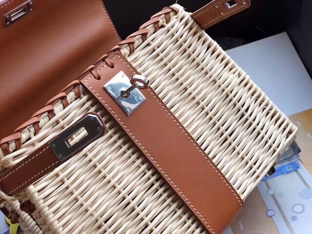 Hermes Brown Picnic Kelly Mini 20cm Wicker Bag