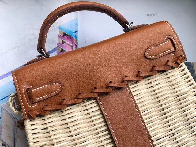 Hermes Brown Picnic Kelly Mini 20cm Wicker Bag