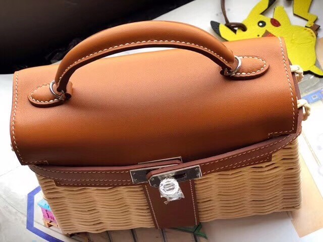 Hermes Brown Picnic Kelly Mini 20cm Wicker Bag