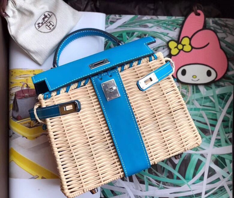 Hermes Blue Picnic Kelly Mini 20cm Wicker Bag