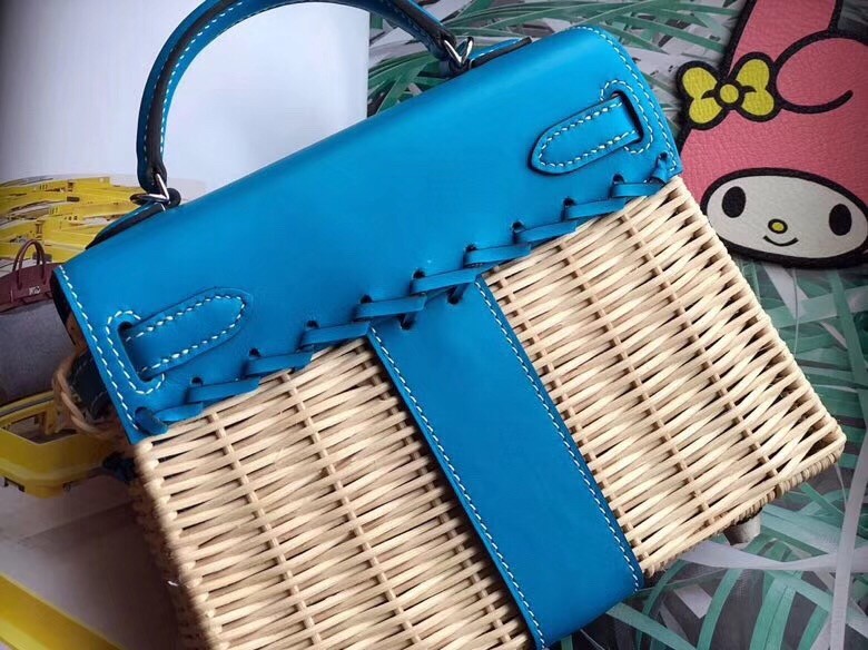 Hermes Blue Picnic Kelly Mini 20cm Wicker Bag