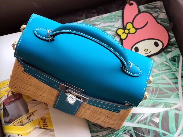 Hermes Blue Picnic Kelly Mini 20cm Wicker Bag