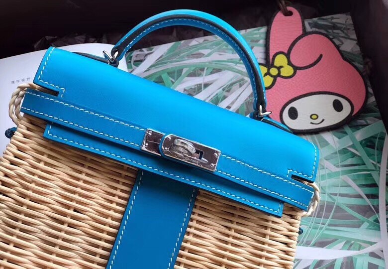 Hermes Blue Picnic Kelly Mini 20cm Wicker Bag