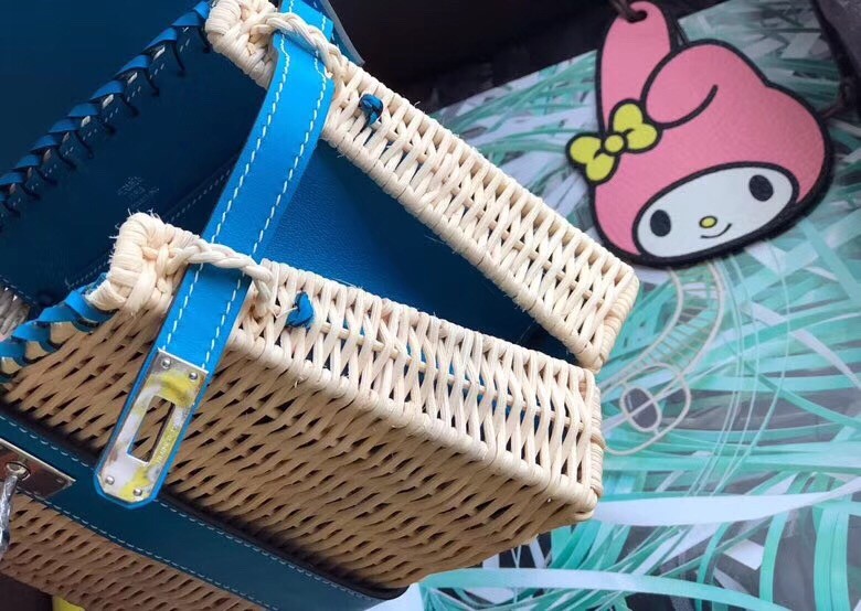 Hermes Blue Picnic Kelly Mini 20cm Wicker Bag