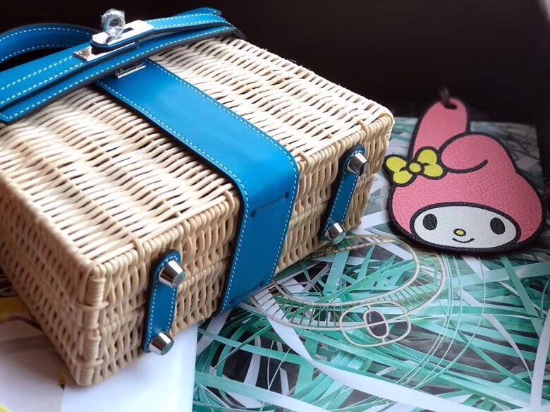 Hermes Blue Picnic Kelly Mini 20cm Wicker Bag