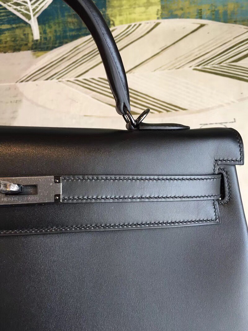 Hermes All Black Box Kelly 35cm Handmade Bag