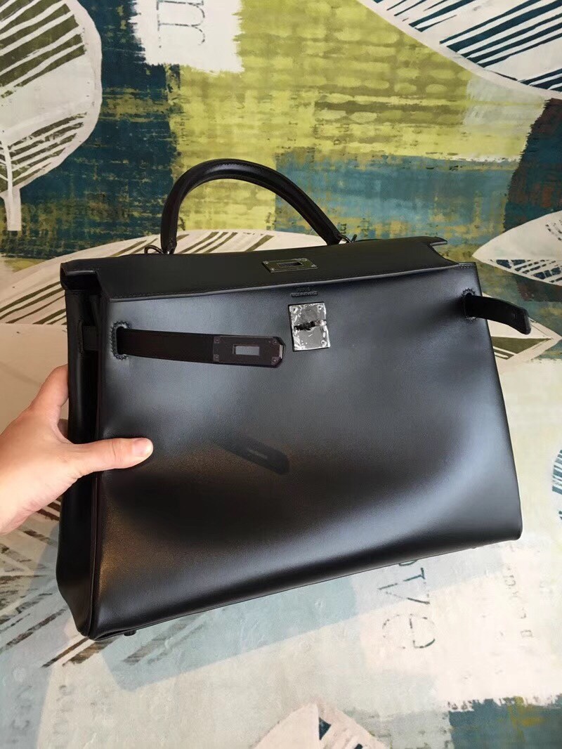 Hermes All Black Box Kelly 35cm Handmade Bag