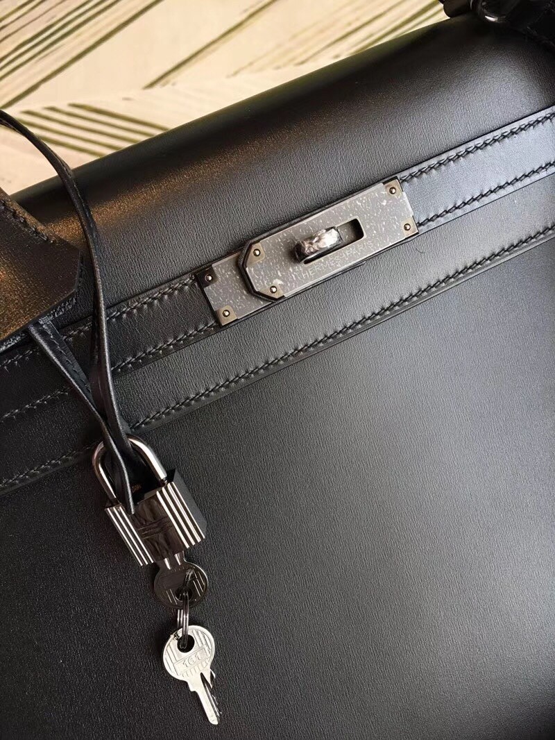 Hermes All Black Box Kelly 35cm Handmade Bag