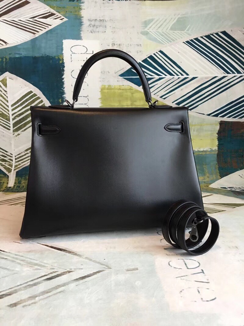 Hermes All Black Box Kelly 35cm Handmade Bag