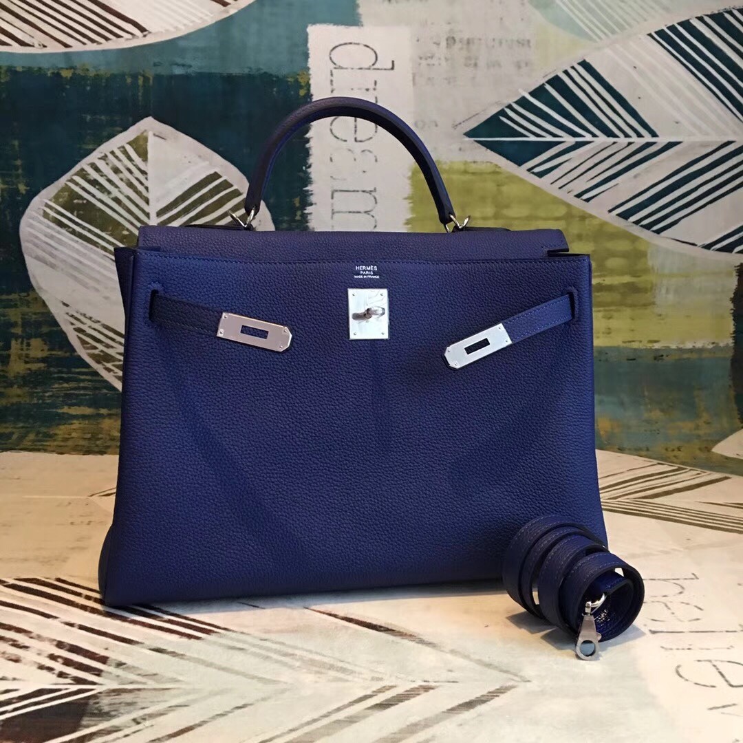 Hermes Blue Clemence Kelly 35cm Handmade Bag