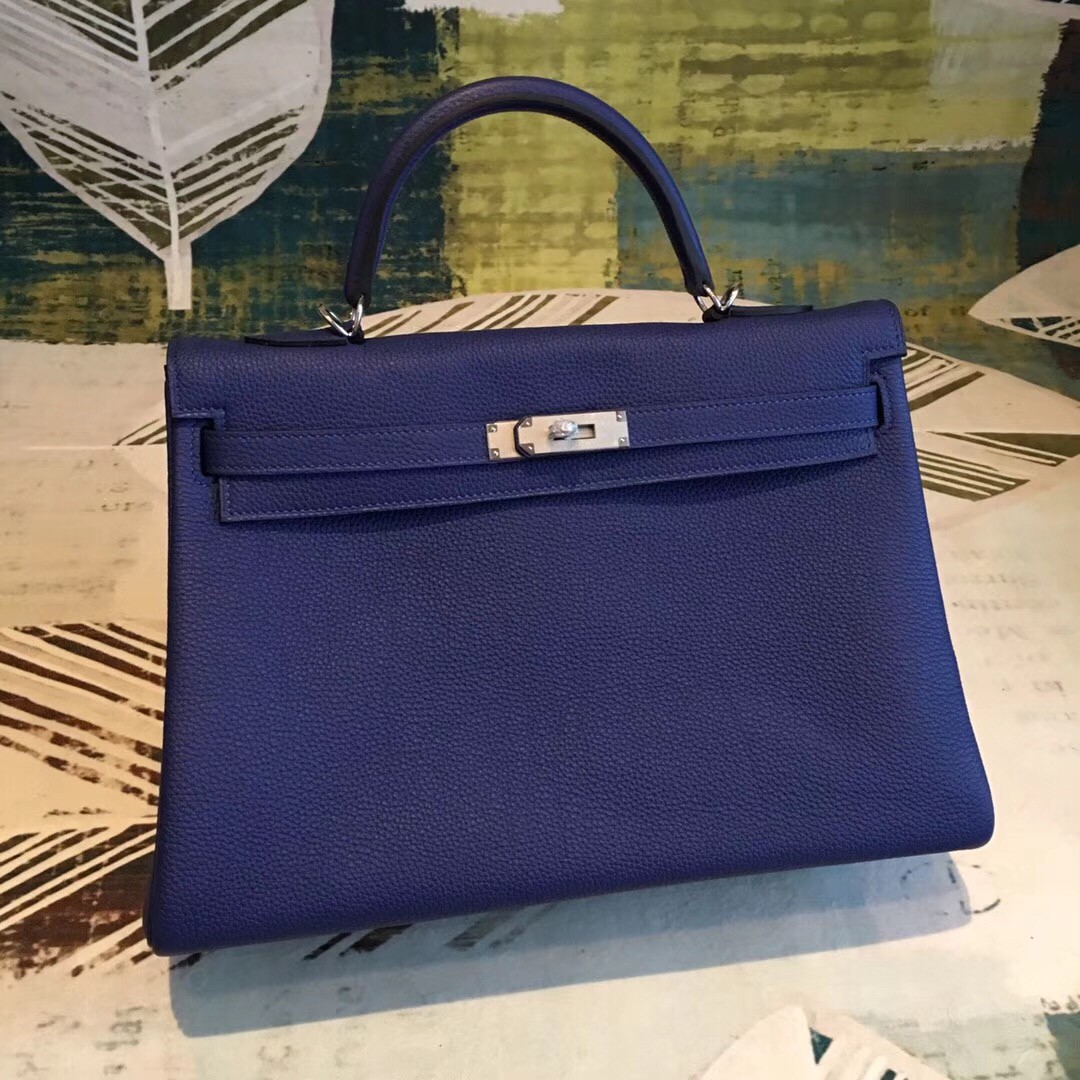 Hermes Blue Clemence Kelly 35cm Handmade Bag