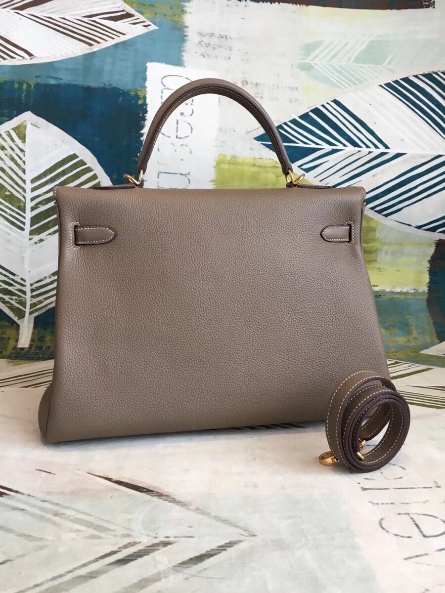 Hermes Taupe Clemence Kelly 35cm Handmade Bag