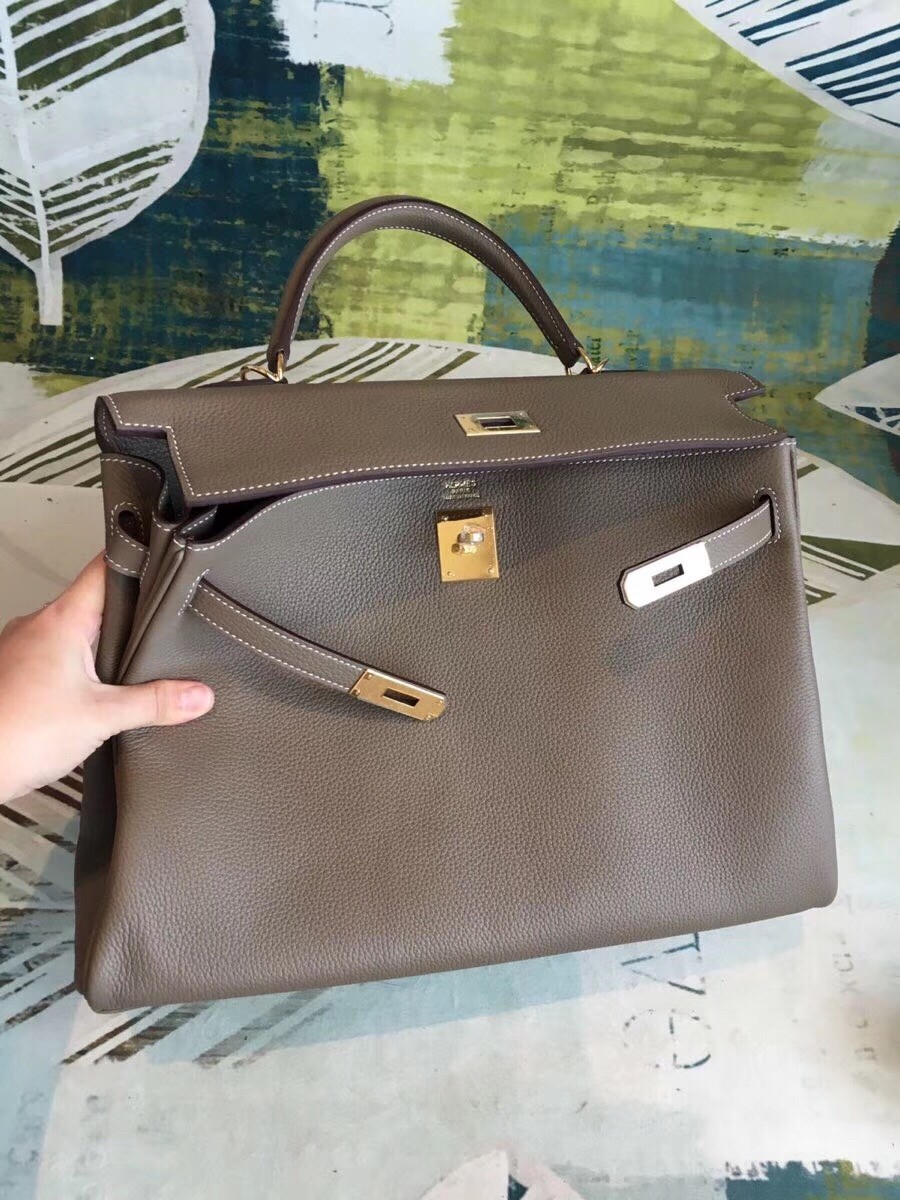 Hermes Taupe Clemence Kelly 35cm Handmade Bag