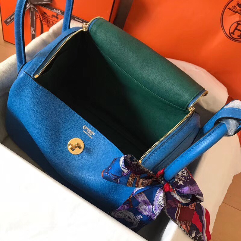 Hermes Blue Zanzibar Lindy 30cm Bicolor Handmade Bag