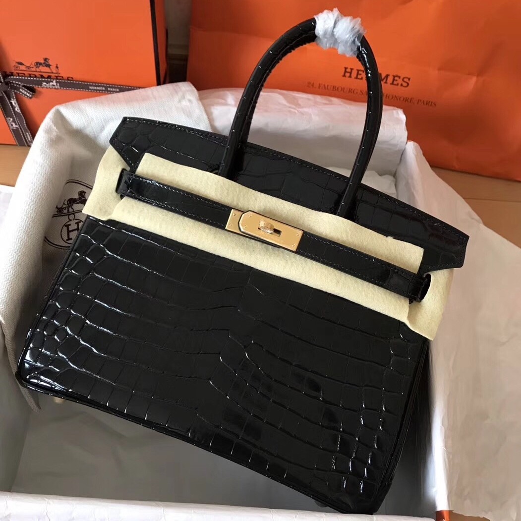 Hermes Black Birkin 30cm Crocodile Porosus Shiny Bag