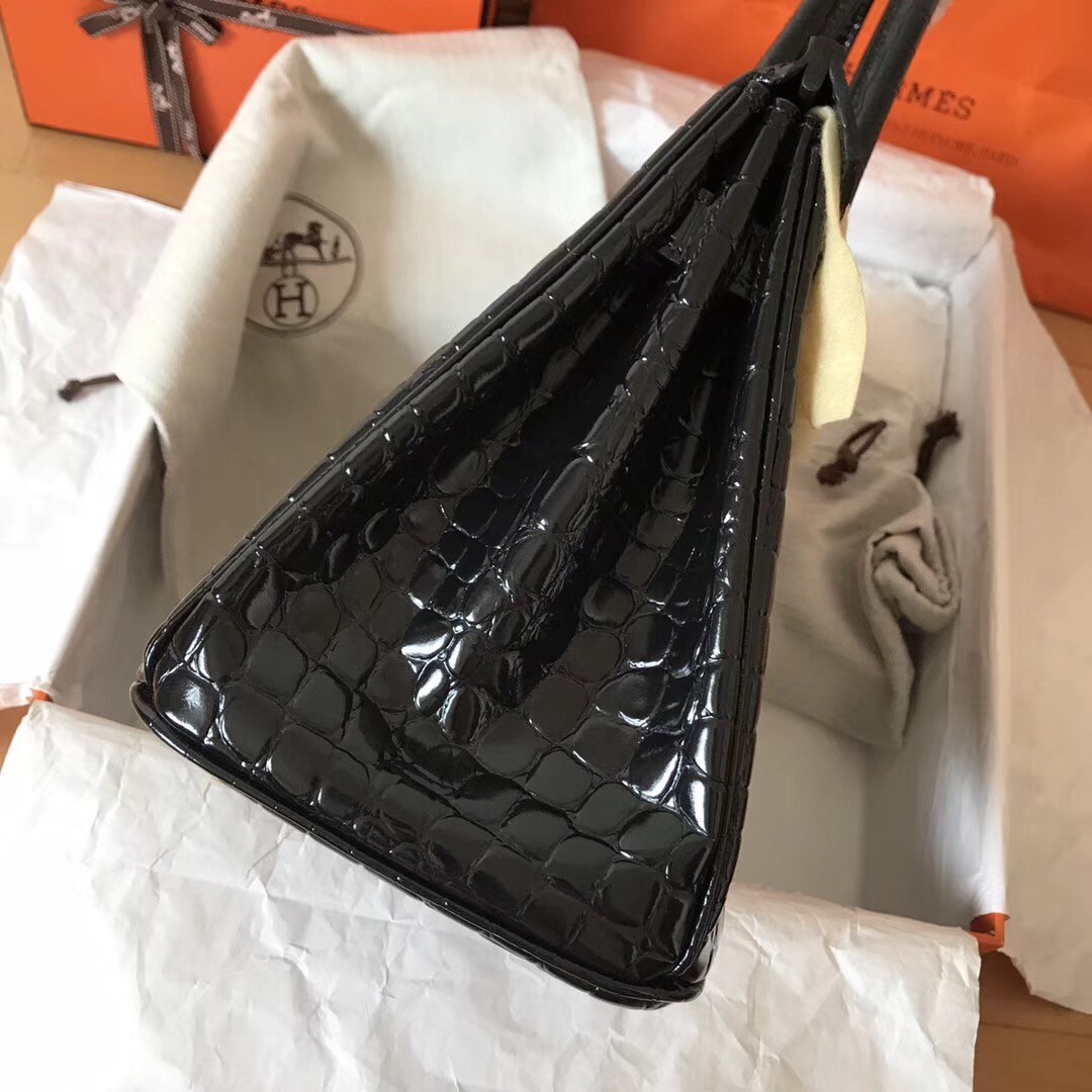 Hermes Black Birkin 30cm Crocodile Porosus Shiny Bag