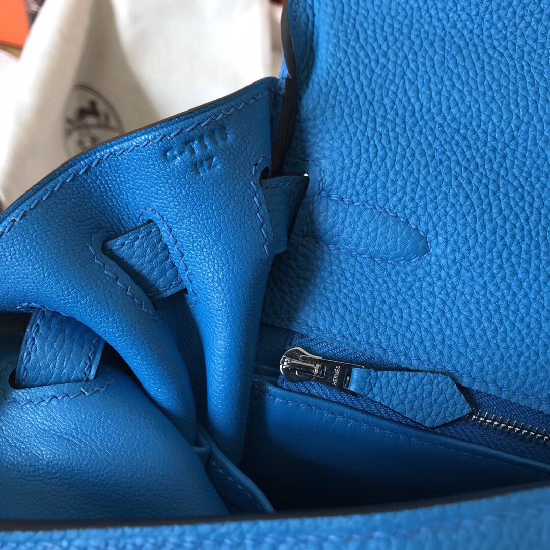 Hermes Blue Zanzibar Clemence Kelly 28cm Handmade Bag