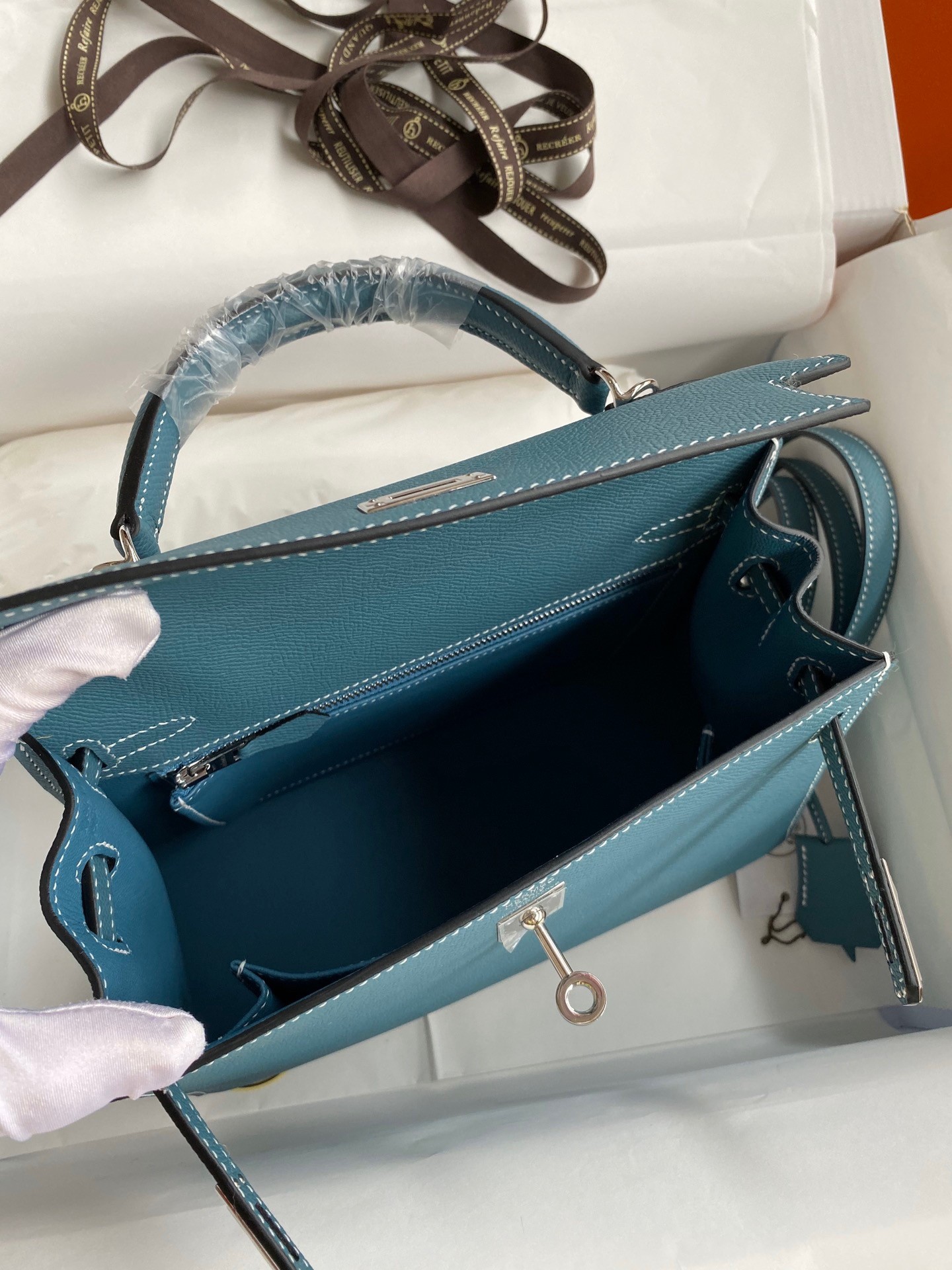 Hermes Epsom Kelly 25cm Sellier Handmade Blue Jean Bag