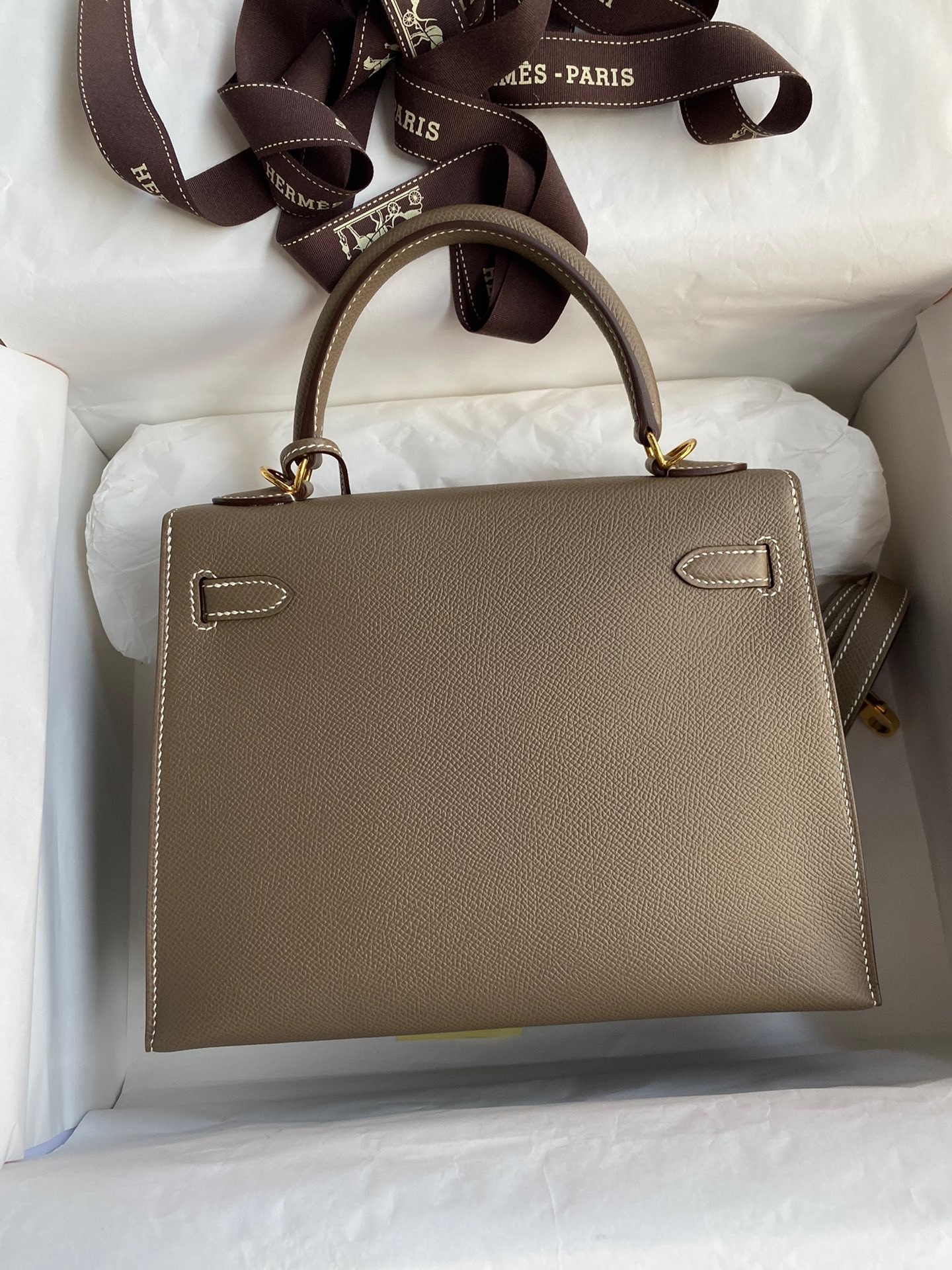 Hermes Epsom Kelly 25cm Sellier Handmade Taupe Bag