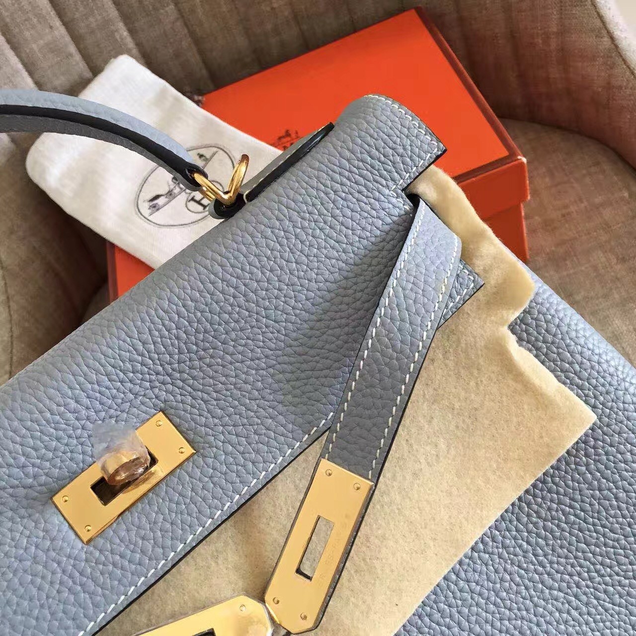 Hermes Blue Lin Clemence Kelly Retourne 32cm Handmade Bag