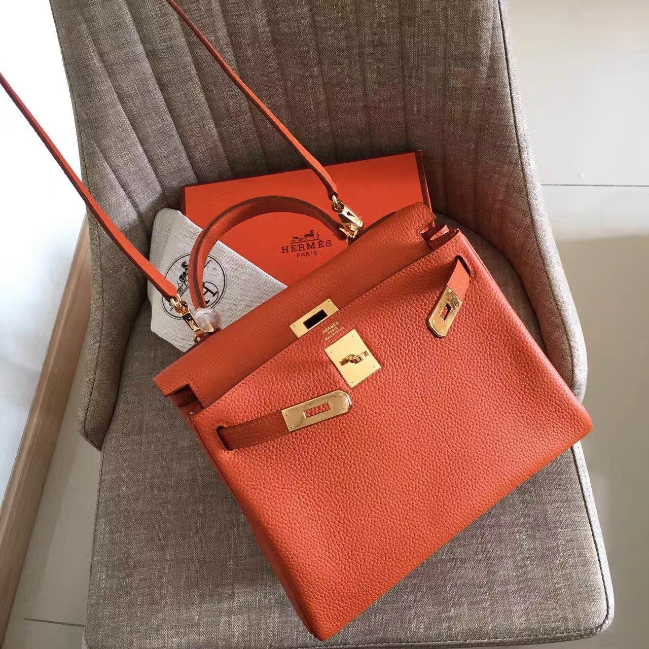 Hermes Orange Clemence Kelly Retourne 32cm Handmade Bag