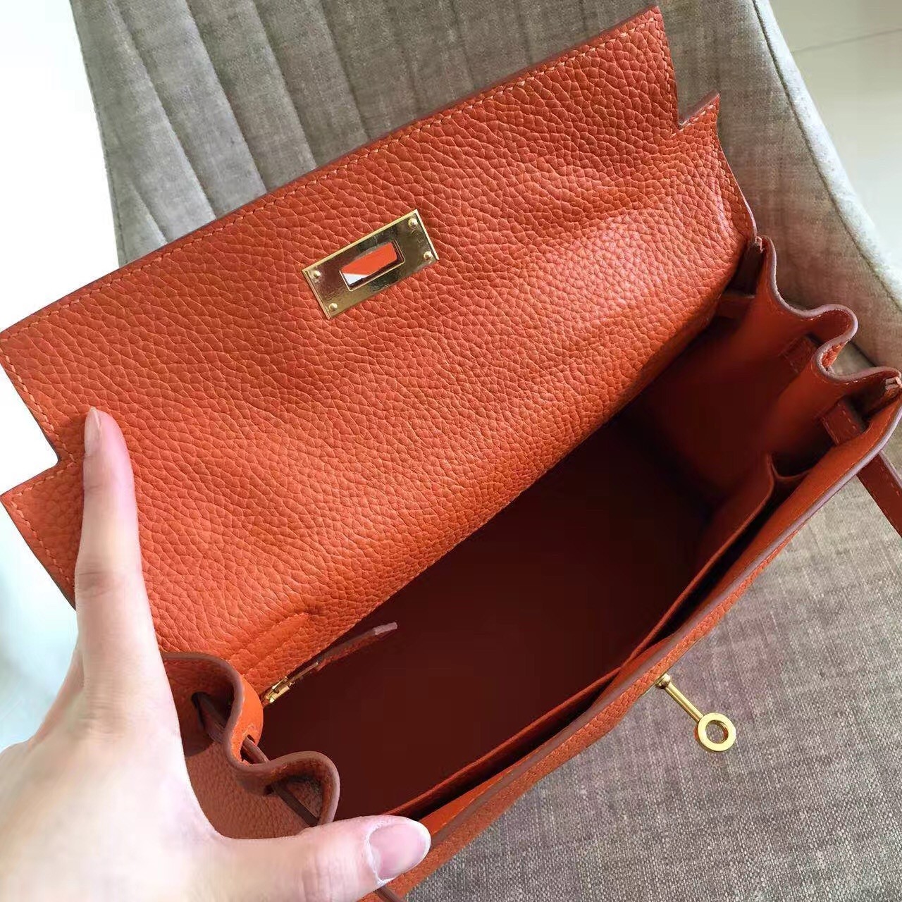 Hermes Orange Clemence Kelly Retourne 32cm Handmade Bag