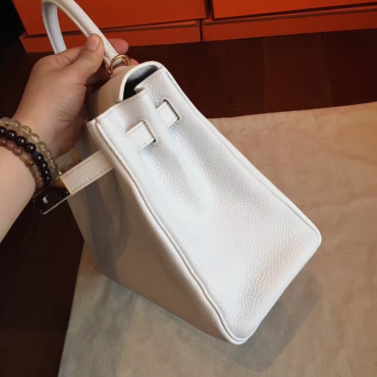 Hermes White Clemence Kelly Retourne 32cm Handmade Bag