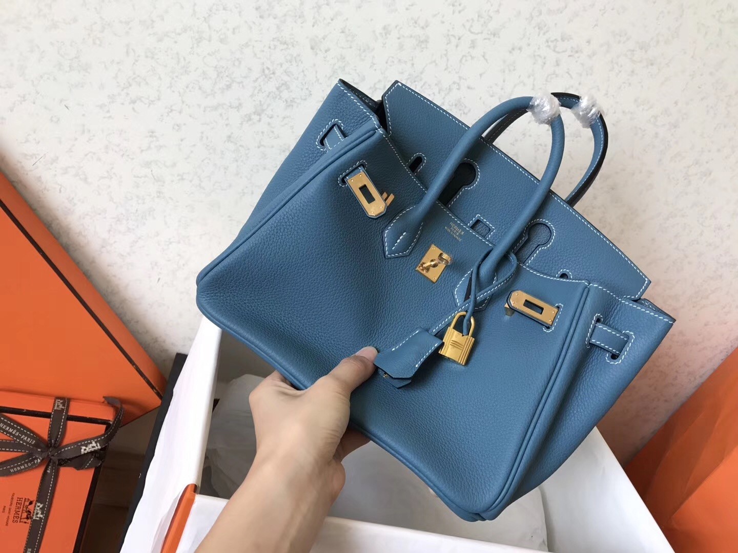 Hermes Blue Jean Birkin 25cm Clemence Handmade Bag