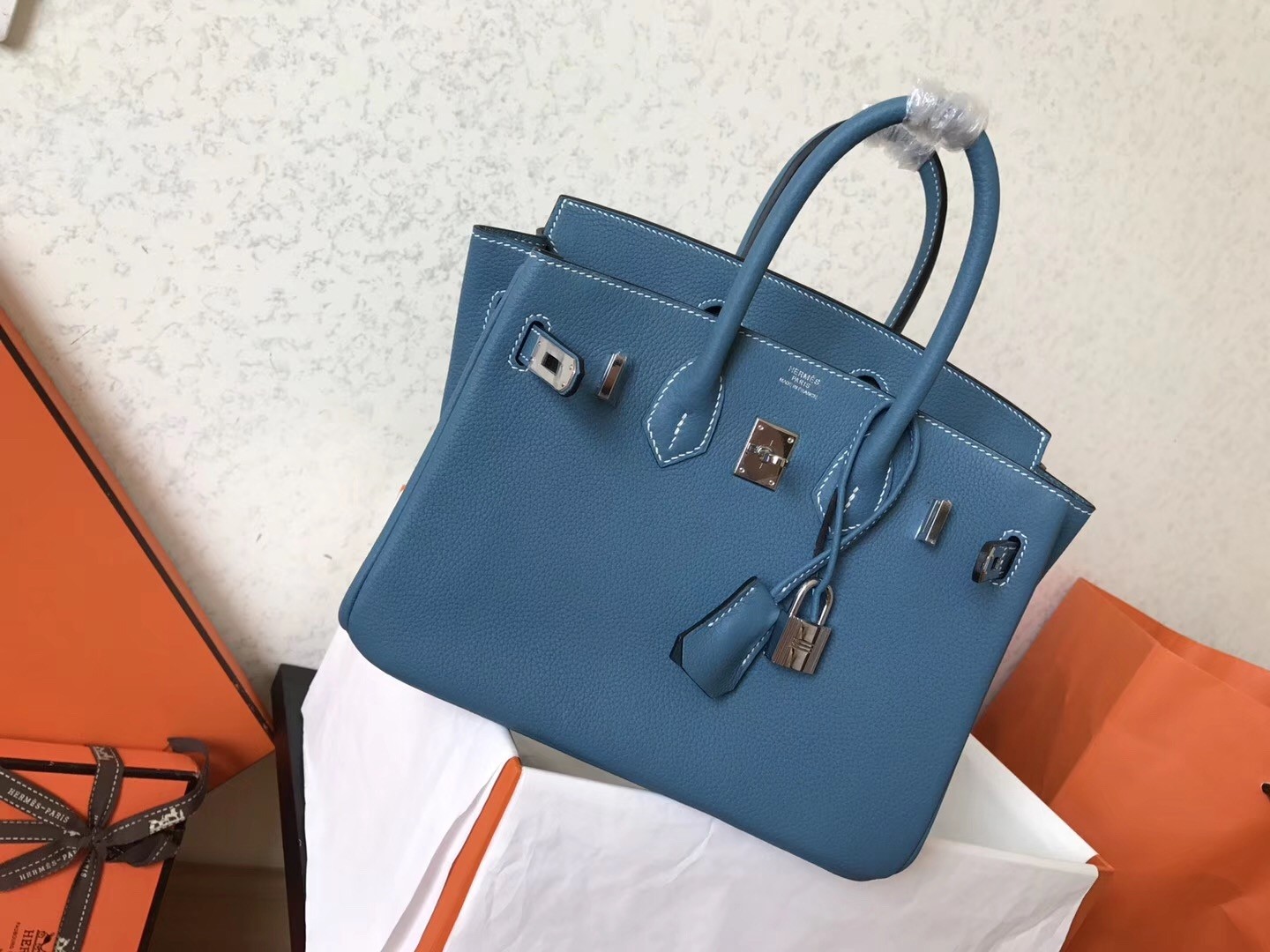 Hermes Blue Jean Birkin 25cm Clemence Handmade Bag