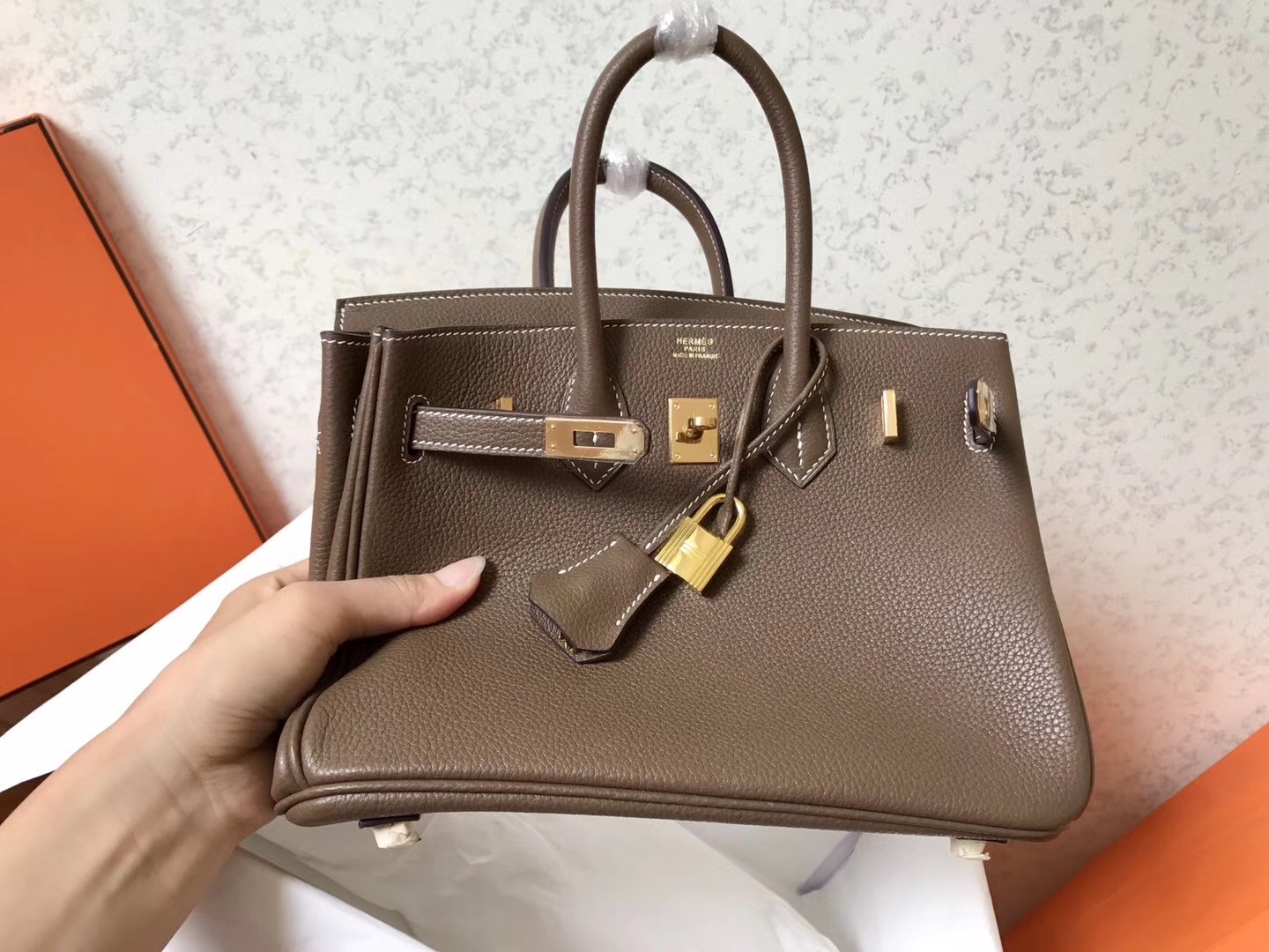 Hermes Taupe Birkin 25cm Clemence Handmade Bag