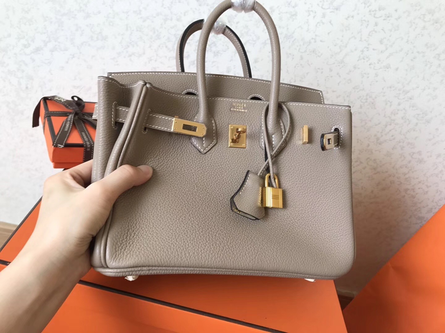 Hermes Grey Birkin 25cm Clemence Handmade Bag