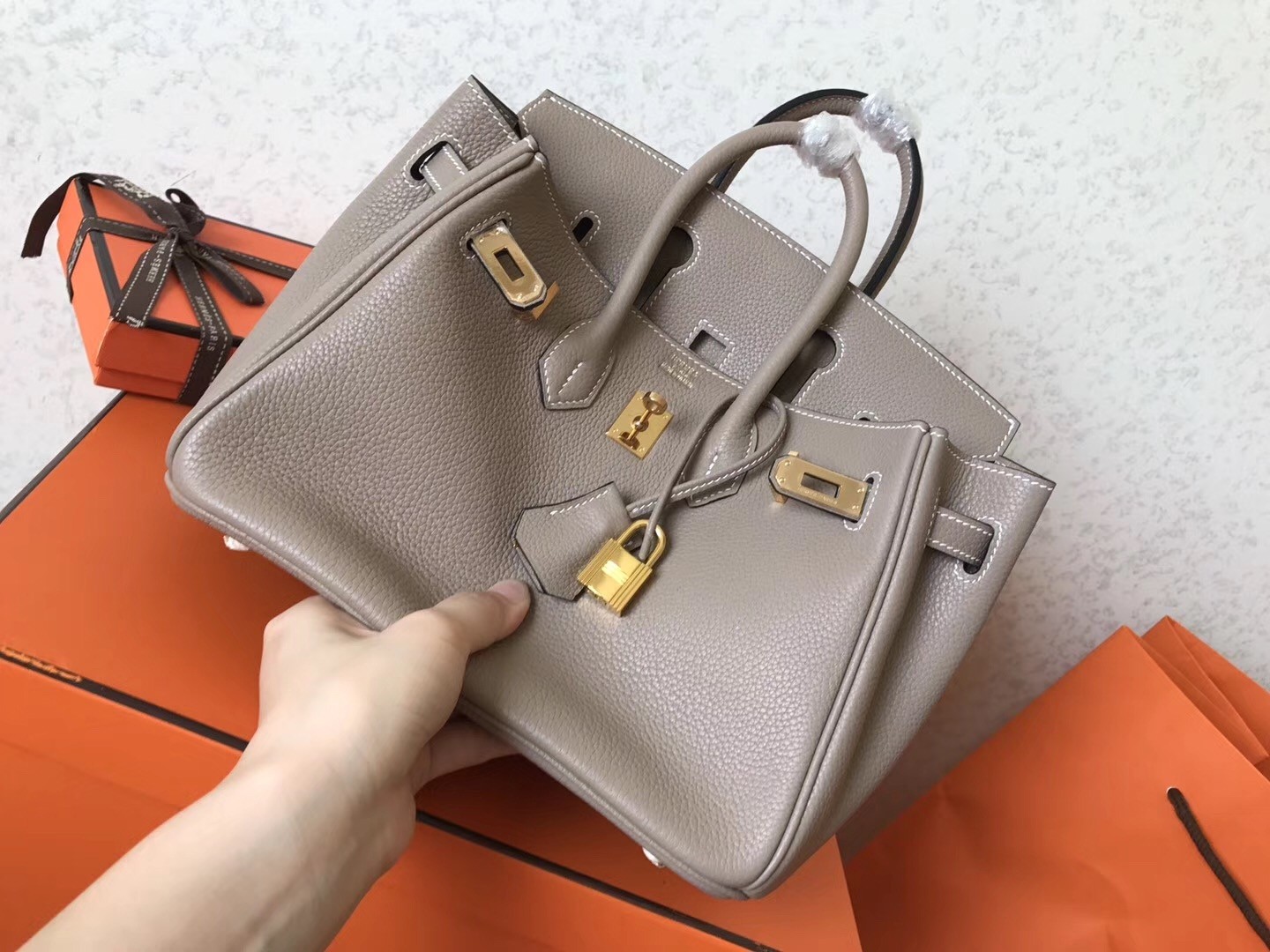 Hermes Grey Birkin 25cm Clemence Handmade Bag