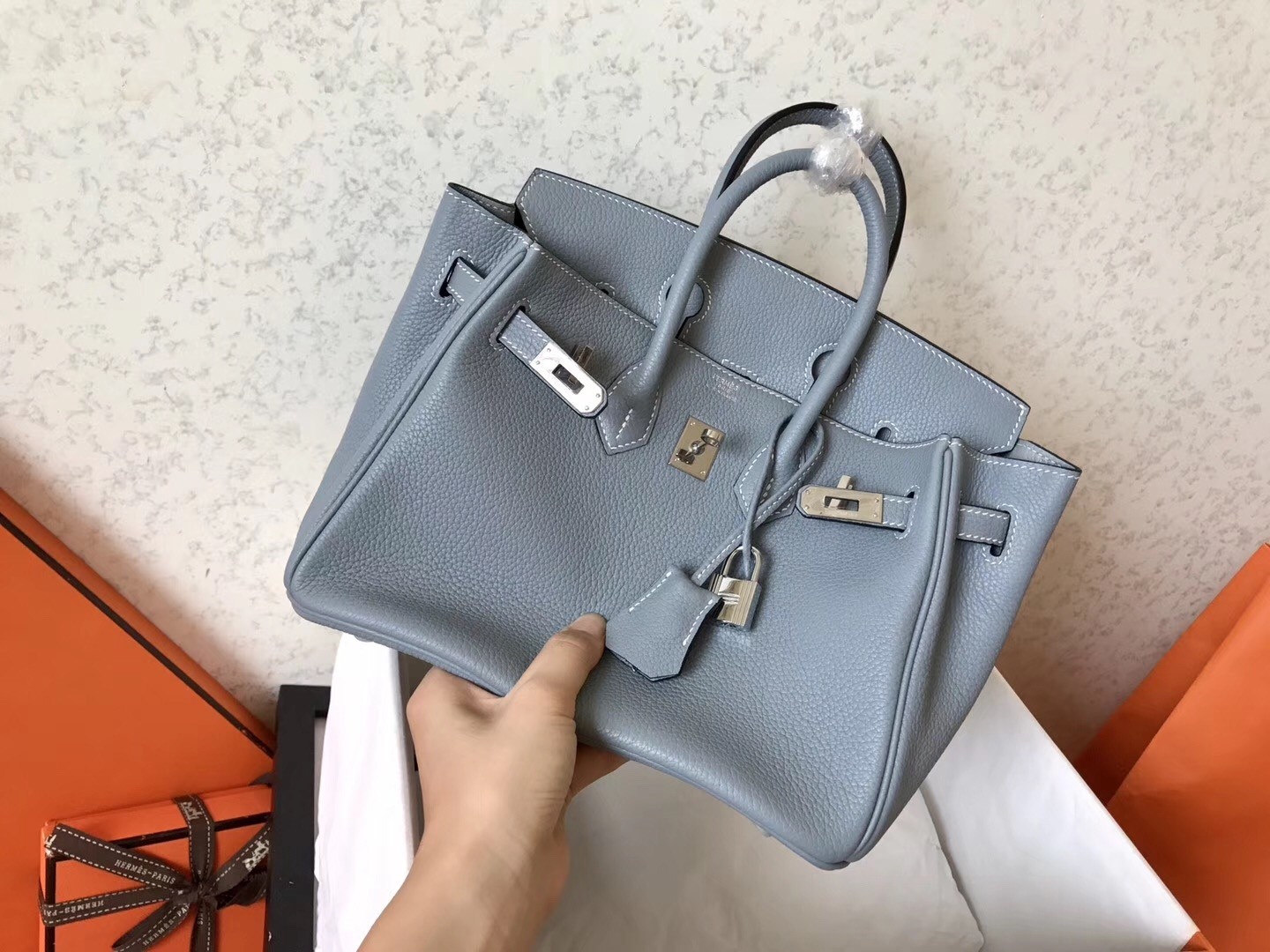 Hermes Blue Lin Birkin 25cm Clemence Handmade Bag