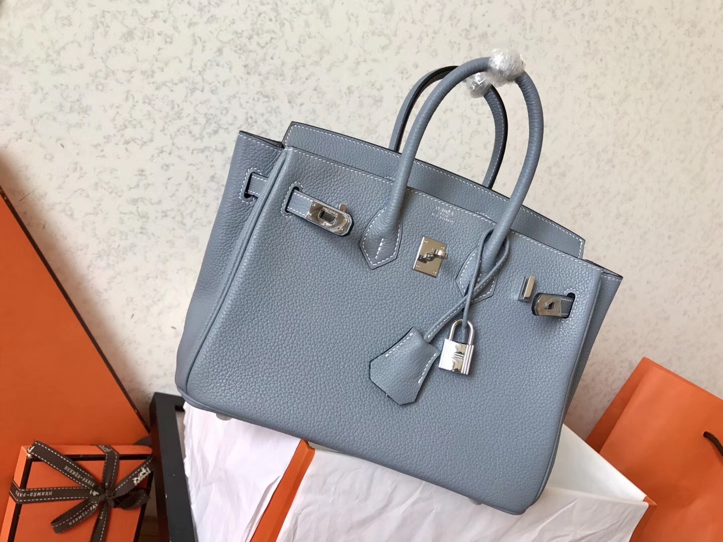 Hermes Blue Lin Birkin 25cm Clemence Handmade Bag