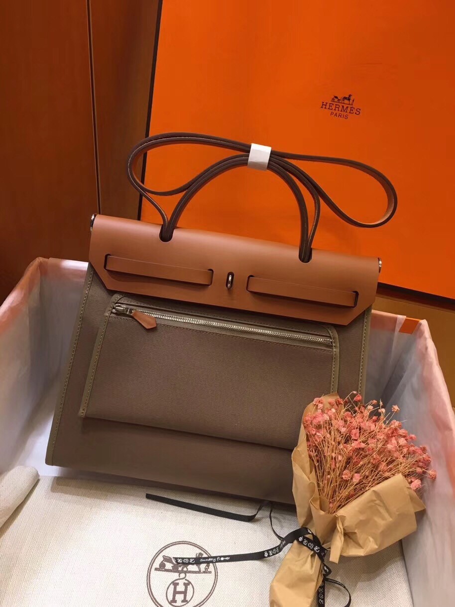 Hermes Herbag Zip 31cm Bag In Brown And Taupe