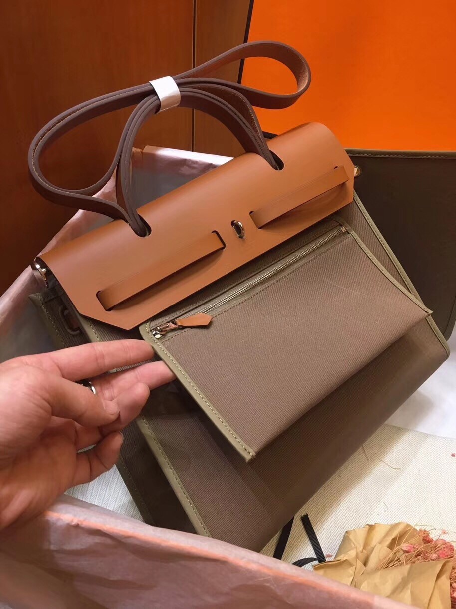 Hermes Herbag Zip 31cm Bag In Brown And Taupe