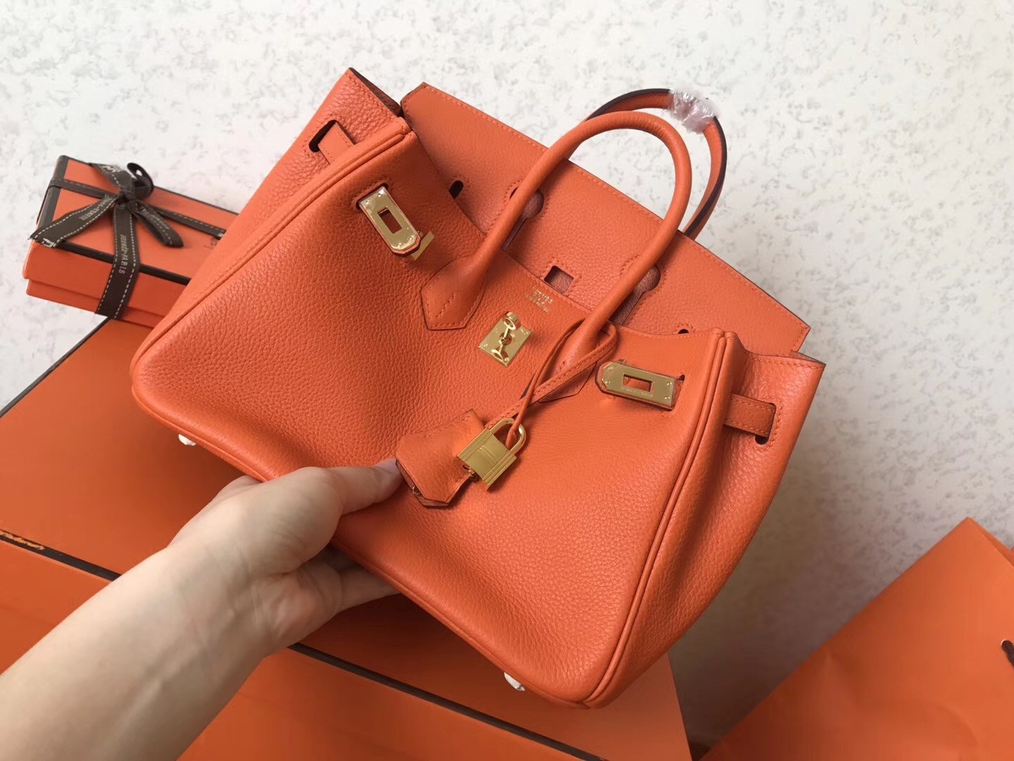 Hermes Orange Birkin 25cm Clemence Handmade Bag